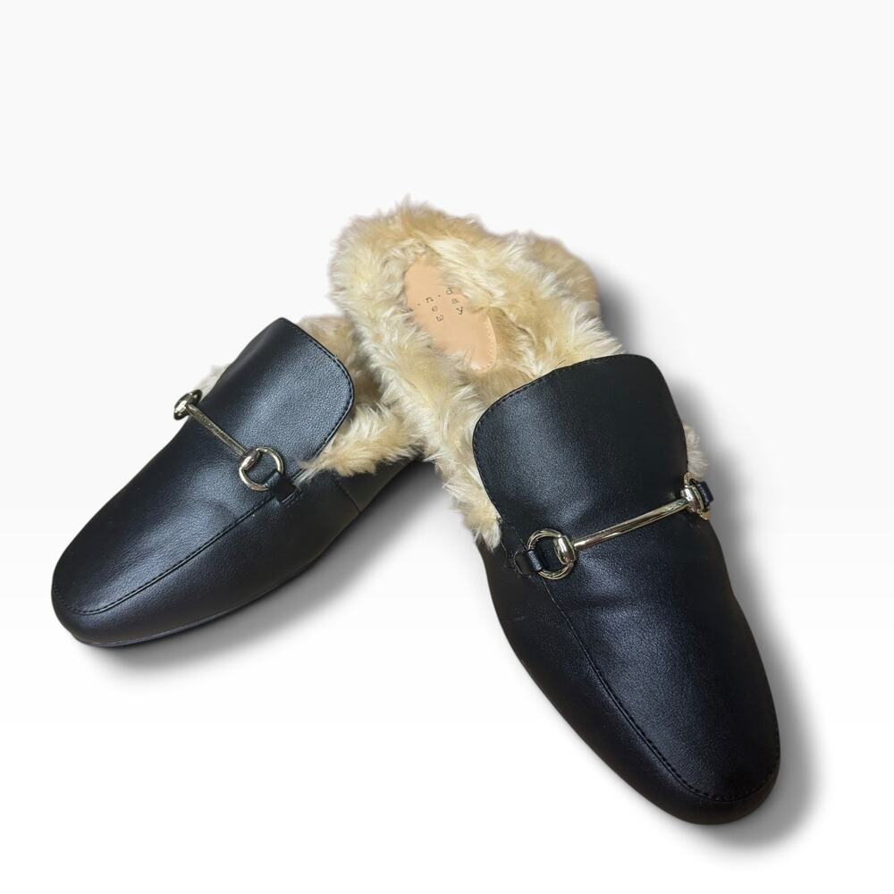 A New Day Women’s Black Faux Fur Lined Horsebit Mules Size 11 Excellent